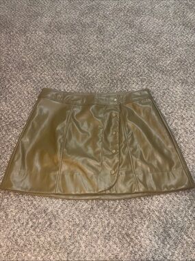 Faux Leather Olive Mini Skirt with Front Snap Detail